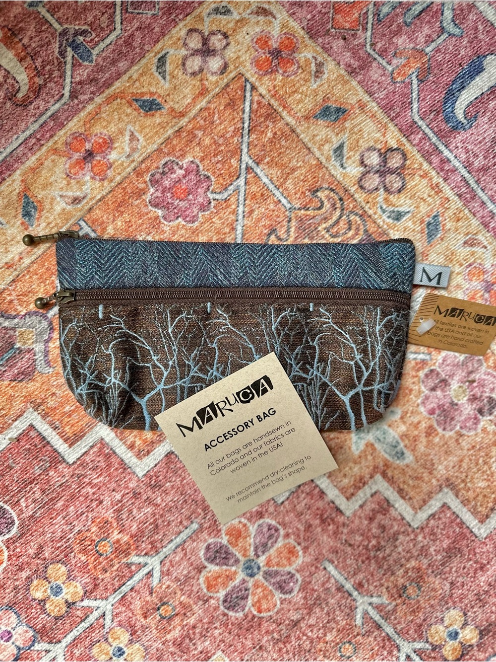 Maruca NWT Forest Print Accessory Bag Wallet in Blue and Brown